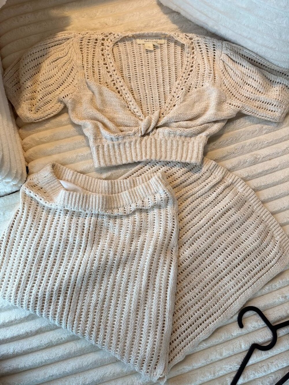 Saltwater Luxe Knit Set Size M – Cream Crochet Top & Midi Skirt Boho Coastal